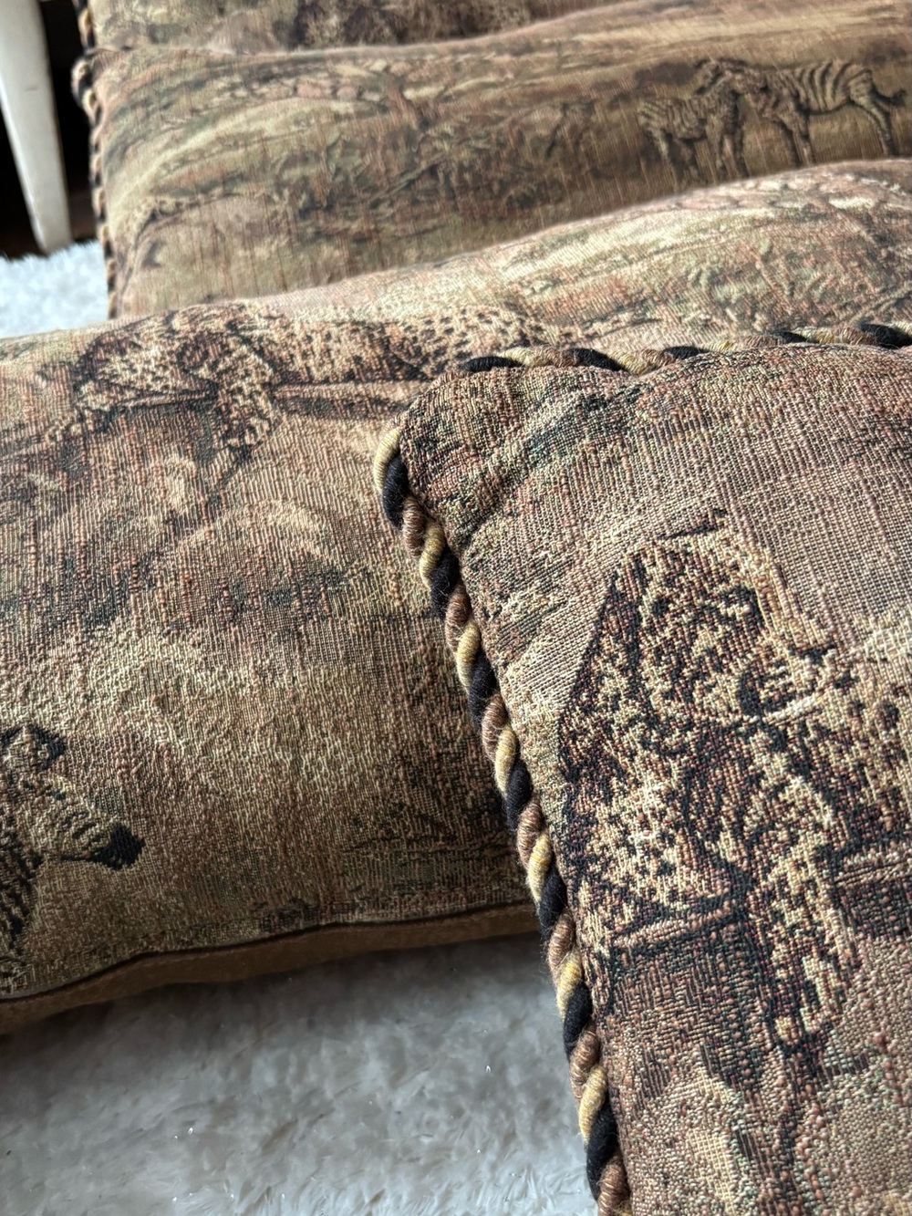 Set of 4 Y2K Safari Decorative Throw Pillows Braided Trim Jaguar Zebra Elephant